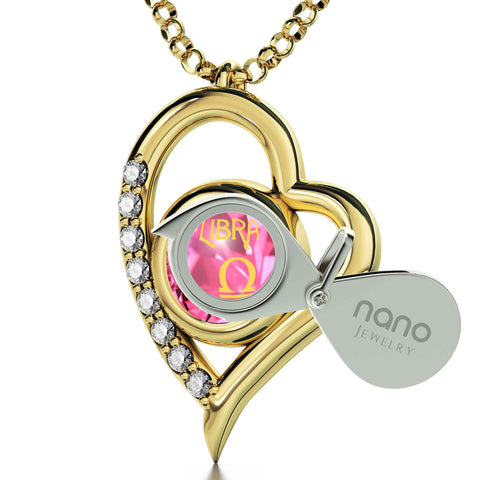 Gold Plated Silver Libra Necklace Zodiac Heart Pendant 24k Gold Inscribed on Crystal
