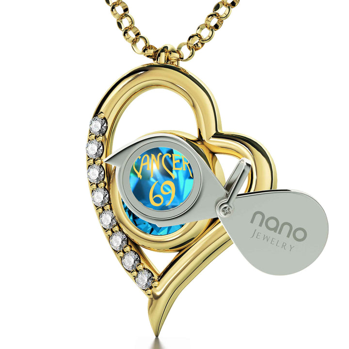 Gold Plated Silver Cancer Necklace Zodiac Heart Pendant 24k Gold inscribed on Crystal