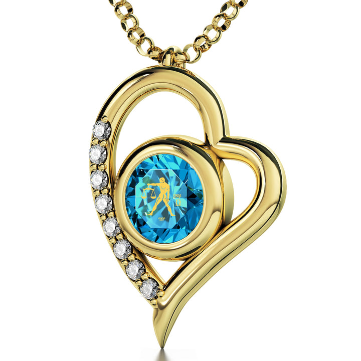 Gold Plated Silver Libra Necklace Zodiac Heart Pendant 24k Gold Inscribed on Crystal