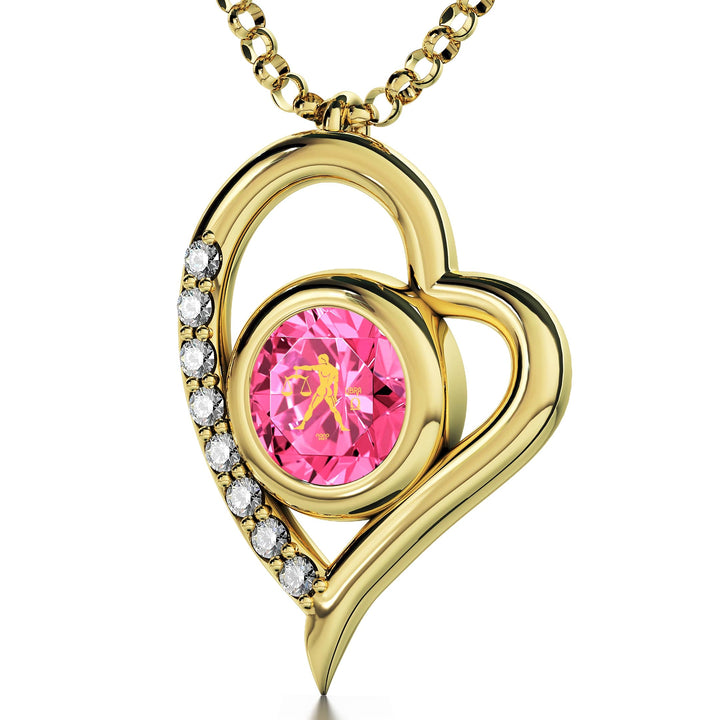 Gold Plated Silver Libra Necklace Zodiac Heart Pendant 24k Gold Inscribed on Crystal