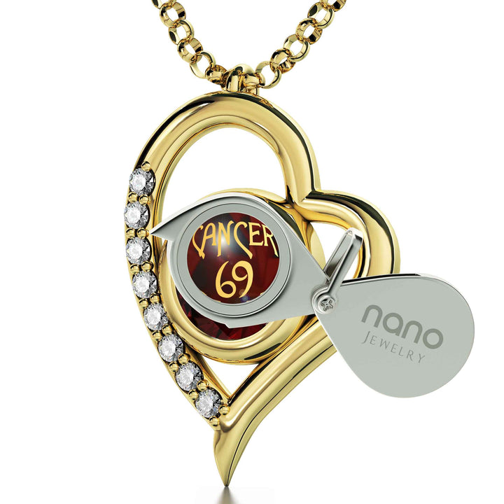 Gold Plated Silver Cancer Necklace Zodiac Heart Pendant 24k Gold inscribed on Crystal